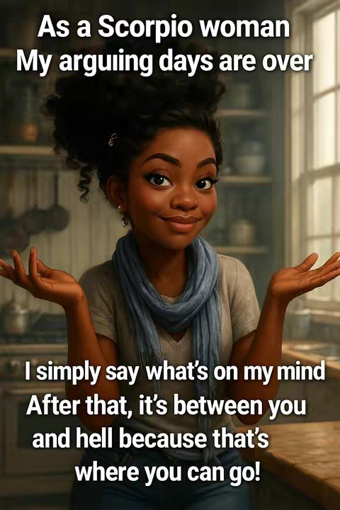 The image features a stylized illustration of a woman with dark skin and curly black hair. She's smiling with a slight smirk, dressed in a gray top with a blue scarf. Her arms are outstretched, palms up, framed against what looks like a kitchen interior. Above her, the text indicates the image is about a Scorpio woman, while the overlaid words convey her mindset.