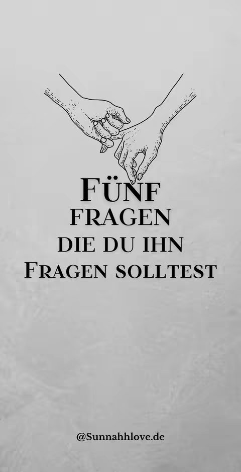 A black and white image featuring two hands in the upper portion, with fingers interlocked in a way that suggests a promise. Below, bold text states: "FÜNF / FRAGEN / DIE DU IHN / FRAGEN SOLLTEST". The background is a mottled, light gray.