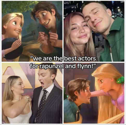 A collage of images. The top left shows a cartoon of Rapunzel and Flynn Rider. The top right shows a couple. The bottom left features a man in a suit with a woman. The bottom right shows a cartoon of Rapunzel and Flynn Rider. In the center, text overlays.
