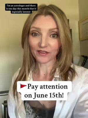 A woman with blonde hair is facing the camera and speaking. A text overlay in a white box with a red triangle reads, “Pay attention on June 15th!”