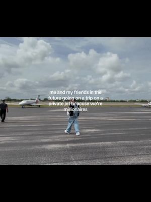 A medium shot shows a person walking across an airport runway. The sky is overcast with visible clouds. Further in the background, a private jet is visible, and two people are seen some distance across the runway. Text is overlaid on this image describing the future plans.