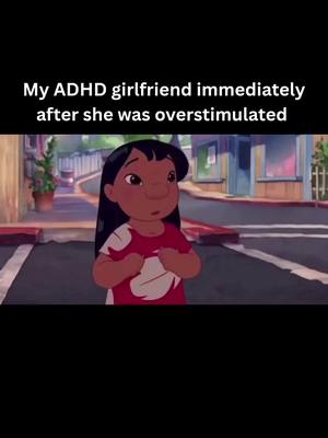 An animated image featuring Lilo from the Disney film "Lilo & Stitch". Lilo, a dark-haired girl in a red dress with white markings, stands on a street, with a concerned expression. The backdrop is a suburban street with buildings and palm trees.