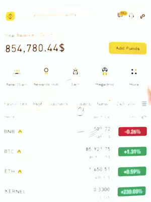 The image shows a smartphone screen displaying financial data, likely from a trading app. The interface has a light-themed design with white and yellow accents. The top section displays a balance of '$854,780.44'. Below that are various app features represented by icons and text. The bottom section shows live data with values for different cryptocurrencies, indicating their performance with percentage changes in green or red, suggesting market activity tracking.