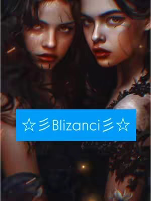 An AI-generated image featuring two young women facing the viewer, framed from the chest up. The duo has fair skin, dark hair that is styled in waves, and intense dark eyes. Both are wearing dark, strapless tops, and their faces feature accents and makeup. A light blue rectangular element, emblazoned with white text  '☆ ☰Blizanci☰ ☆' overlays the image. The background is dark, intensifying the focus on the figures. The image is vibrant, the facial expressions hold an intense gaze, the overall composition is striking due to contrasting colors and symmetry.