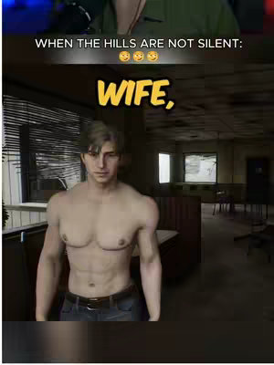 The image is a screenshot from a video game, featuring a shirtless male character in a dimly lit room. Overlayed on the top of the frame is text, with additional text appearing in a bubble around the character. The overall composition is a mix of gaming visuals and overlaid text, creating a narrative or commentary context.