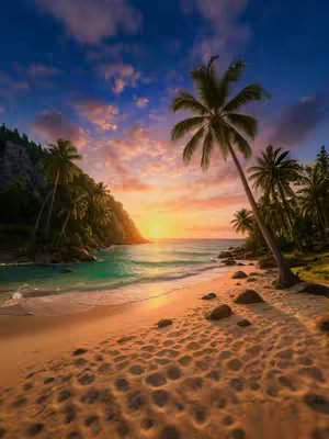 A scenic, painterly image of a tropical beach at sunset. The foreground shows textured sand with footprints. A curved beach with turquoise water leads to the ocean where a golden sun is setting behind a palm tree. Lush, forested hills and dark green palm trees frame the scene with a vibrant blue and orange sky.