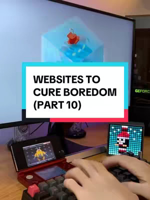The cover image showcases a person's hands typing on a mechanical keyboard in front of a desk. On the desk are a Nintendo 3DS displaying a game, and a screen displaying a pixelated design. Behind the desk is a computer monitor with an image of a blue cube with a red object on top. Text in a box says "WEBSITES TO CURE BOREDOM (PART 10)"