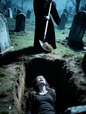 A dramatic scene set in a graveyard under a dark, overcast sky. A woman is in a grave, looking upward with an open mouth, suggesting fear or distress. A figure dressed in a grim reaper-like black outfit is standing above, holding a shovel filled with dirt.