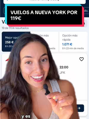 A smiling woman with long dark hair is holding a microphone with a travel website interface in the background. The background is a light blue color with white text and a banner that features "VUELOS A NUEVA YORK POR 119€". The woman is wearing a gold necklace.