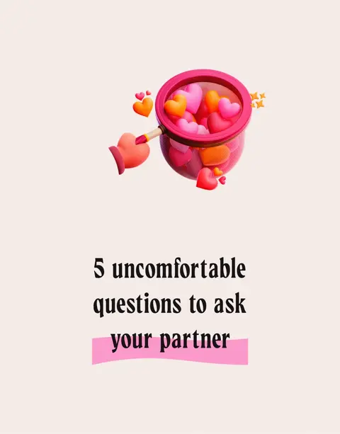 The image features a light, creamy background. At the top, there's a 3D illustration of a pink-rimmed net filled with various sizes of hearts, primarily in shades of pink and orange. A hand is holding the net, adding a playful touch. Below the net image is the text: "5 uncomfortable questions to ask your partner", with the words "your partner" appearing on a pink highlighted strip.