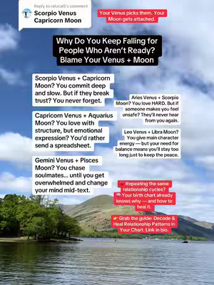 The image shows a scenic landscape with a body of water in the foreground and mountains in the background. Overlayed on the image are various blocks of text in white and red colors. The text provides relationship advice related to astrology and focuses on the Venus and Moon signs.