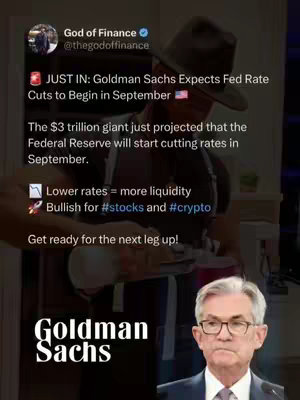 The cover image shows a screenshot of a social media post. The background is blurred, and features a person wearing a hat, and a picture of a serious face with glasses. Text overlays describe Goldman Sachs' expectation of Fed rate cuts, presented with related financial and market terms.