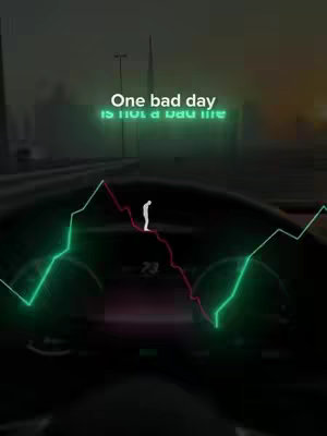 The cover image shows a view from inside a car, looking out onto a road at dusk or dawn. An overlay of a stock chart with green and red lines is visible, with a small figure standing on the chart line. The overall tone is motivational.