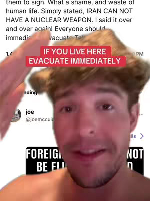 A selfie-style video cover featuring a young man with a concerned expression, pointing towards a screenshot of a tweet showing a Trump post about Iran with an overlay text saying "IF YOU LIVE HERE EVACUATE IMMEDIATELY".