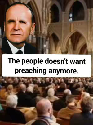 The image features a split visual: On the top left, a light-skinned man in a suit with a serious expression, likely a prominent speaker. Behind him is a blurred background of a large building's interior, likely a church. In the lower half, a crowd of people, some with partially visible faces, are seated and facing towards the foreground, also likely in a church setting. A white banner is placed between the men's portrait and the crowd, and it is inscribed with the text, "The people doesn't want preaching anymore."