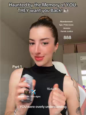 A woman with brown hair and a black top is holding a small, silver object while looking at the camera. Text overlays include phrases related to memories, tarot, and numbers like 888.