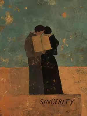 An artistic painting depicts two figures embracing while looking at a book. The background is a textured blend of blue and gold, and the figures stand on a structure with the word 'SINCERITY' at the bottom.