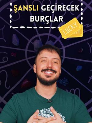 The cover image features a man smiling with a dark background. Above his head are the words "ŞANSLI GEÇİRECEK BURÇLAR" in white. To the right, there’s a yellow "LUCKY" tag. The background has a zodiac-themed motif.