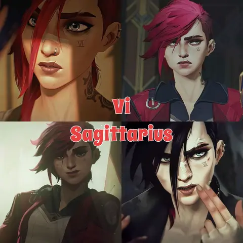 The cover image is a composite featuring four different images of Vi, an animated character from the Arcane series. Each image showcases a close-up view of Vi with varying expressions and poses. The text overlay includes “Vi” and “Sagittarius”. The overall composition uses a grid-like layout with the text overlay to specify the character with her zodiac sign.