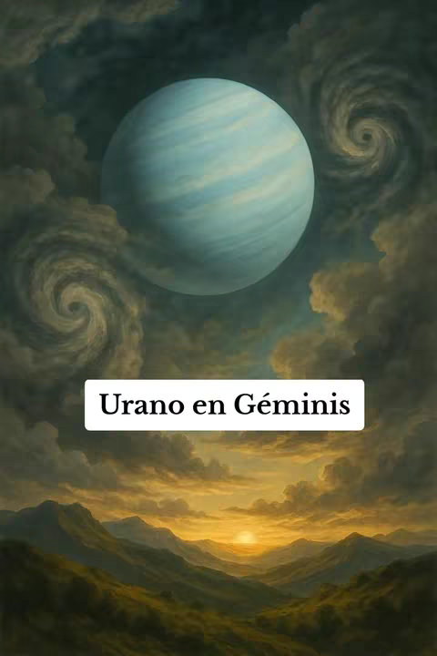 An artistic image depicting a blue planet, likely Uranus, set against a cloudy, celestial backdrop with swirling patterns. Below, there's a landscape of hills and a sunrise or sunset.