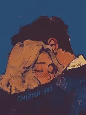 An artistic illustration shows two figures embracing in a close, tender hug. The figures are rendered with expressive brushstrokes and a warm color palette. The background is a gradient of deep blues, providing a contrasting backdrop for the figures. Text overlayed on the image reads 'Cherish You'.