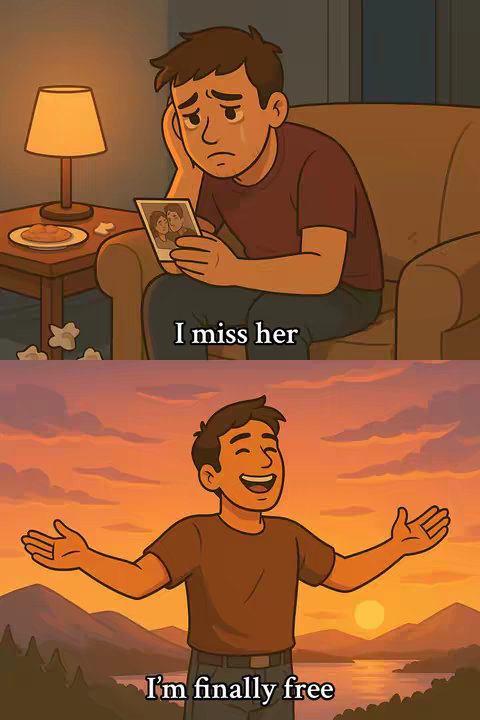 The image is divided into two panels. The top panel shows a cartoon man sitting, looking sad with tears, holding a photo. The room is dimly lit, and there is a table with a lamp and a plate with food. The lower panel depicts the same man now smiling with open arms against a sunset backdrop.