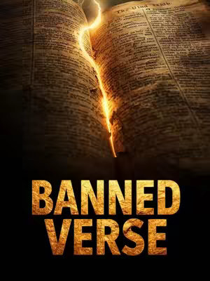 The image features a close-up of an old, worn book, likely a bible, that is slightly open. A crack of bright gold lightning extends vertically down the center of the pages where the book is open. Below the book is text in a gold, stylized font that says 'BANNED VERSE'. The background is a dark, blurred gradient.