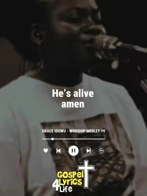 The cover image is a vertical shot of a person, likely a woman, singing into a microphone. The background is blurred, creating a sense of depth, and the lighting appears to be from an indoor stage setting. Overlayed on the image is the text "He's alive amen". A stylized player interface shows the title and artist, with the name "Grace Idowu - Worship Medley 19". Other elements include a heart, a play or pause button, a back and a forward button. At the bottom of the image is a logo.
