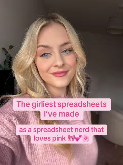 A young woman with blonde hair and blue eyes smiles at the camera while slightly angled towards the right side of the frame. She is wearing a pink sweater, and the background is softly lit. Pink text in a rounded rectangle overlay describes the video's content.