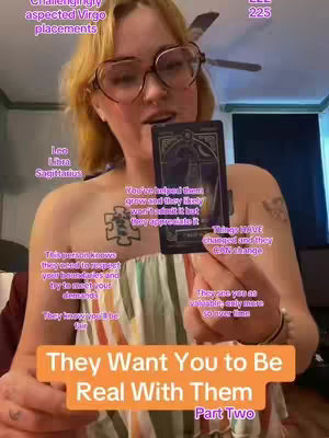A woman with glasses holding a tarot card, with several text overlays about Virgo placements and the cards' meaning, with an orange overlay at the bottom with the title.