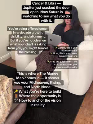A woman is sitting on a white chair, looking at a laptop, with text overlays summarizing astrology information and a call to action.