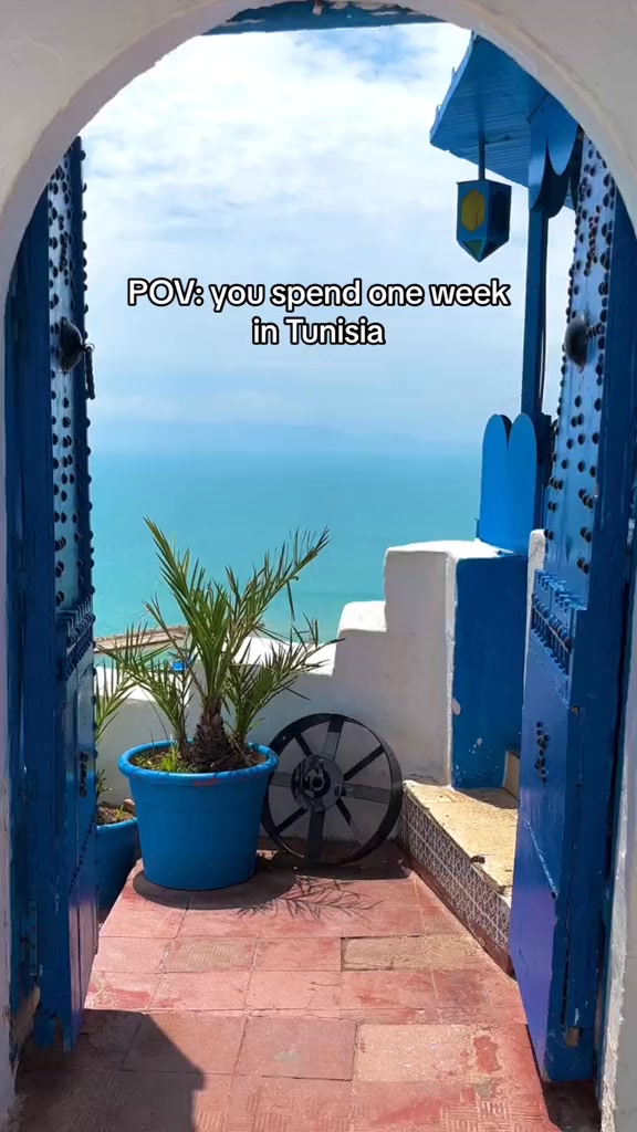 A vibrant photo shows a partial view of a building's facade with blue doors and frames, framing a view of the sea and sky. A lush green plant is in a blue pot. The overall composition is bright with a combination of blue, white, and red tones. A black wheel is sitting on the balcony. The sky is partly cloudy.