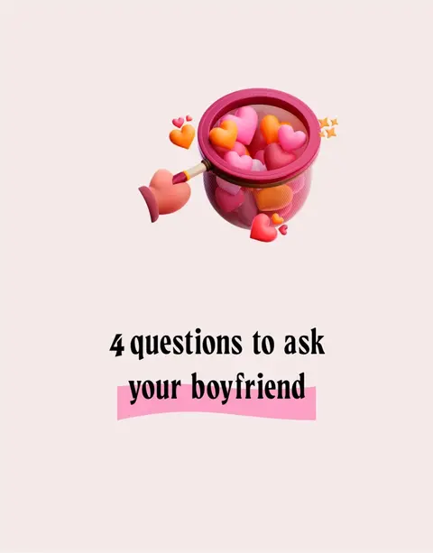 The cover image is composed of a light pink background with a 3D render of a pink net scooping up heart-shaped objects in various shades of pink and orange. The net is held by a hand. Text overlayed at the bottom says: '4 questions to ask your boyfriend' with a pink highlight behind the word 'boyfriend'.