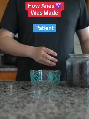 The cover image shows a person with their upper body visible, standing behind a countertop. The person is wearing a black t-shirt. On the countertop, there is a clear bowl, an open jar with dark contents, and a granite countertop with a speckled pattern. Text overlays in red and blue banner shapes read "How Aries Was Made" and "Patient," respectively.