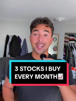 A man with short dark hair and a mustache is smiling at the camera while holding a microphone. On the bottom is a colorful rectangle that reads: "3 STOCKS I BUY EVERY MONTH" in bold white letters. Above that is a black rectangle.