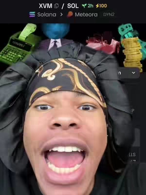 A selfie-style video cover image features a person with an excited expression, mouth wide open and eyes looking towards the camera. The person is wearing a black and gold patterned headscarf. In the background, a collage of images related to cryptocurrency are visible, including logos, charts, and graphics.