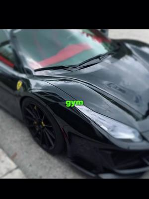 The cover image shows a sleek, black sports car, likely a Ferrari, parked on a street. The car is angled towards the right, and its front is in focus, with a blurred background. The word "gym" is superimposed in green over the car's body. The image is framed for a vertical video.