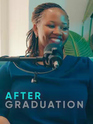 A woman with her hair in braids smiles. She is wearing a dark blue top and a microphone is positioned close to her mouth. The text "AFTER GRADUATION" is below the woman. The lighting appears natural and the background is blurred.