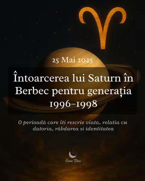 An astrological-themed illustration featuring a night sky backdrop, with a prominent golden Aries symbol at the top. A planet similar to Saturn, with its rings, is positioned below the Aries symbol. Text overlays display astrological information, including the date '25 Mai 2025' and text about the return of Saturn in Aries for the 1996-1998 generation. The image has a subdued color palette with dark blues, yellows, and oranges, creating a contemplative mood.