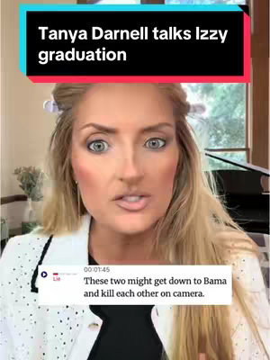 The cover shot features a woman with blonde hair and a white jacket, framed from the chest up. Behind her is a blurred background with what appears to be a window and a room with a piano in the distance. The top of the image has a black and teal banner with white text. A text box at the bottom has a timestamp and text, with an icon indicating that it is a lie.