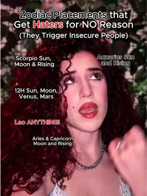 A selfie-style image featuring a woman with dark, curly hair and red lipstick. The image is overlaid with text listing astrological placements that are said to attract haters. The woman is looking up with a slight expression of thought.
