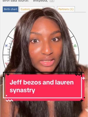 The image features a young Black woman with long dark hair, a nose ring, and noticeable eye makeup. She is looking directly at the camera with a playful expression, her tongue sticking out. Behind her, there is a birth chart partially visible, with zodiac signs. In the foreground, a red rectangular box contains the text "Jeff bezos and lauren synastry".