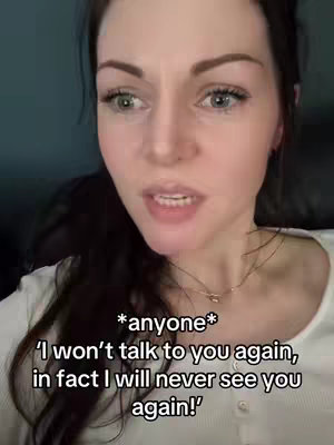 A woman is shown from the chest up in a selfie-style video, set inside. She is speaking directly to the camera with a slightly emotive expression. Text overlays are present on the image.