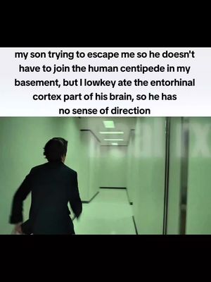 A still image from the TV show `Severance` shows a man running down a sterile hallway with green walls. Text is overlaid at the top, narrating a humorous, dark scenario.