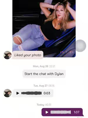 The image shows a screenshot of a Hinge dating app conversation. A light-skinned woman with blonde hair, wearing glasses and a black top, is shown in the upper left corner of the frame. Text bubbles indicate chat messages with dates and times.