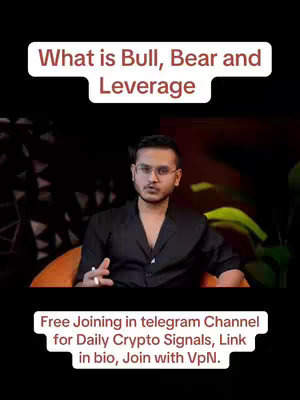 A man in glasses and a black shirt sits in an orange chair, centered in the frame. Above him, a white banner reads 'What is Bull, Bear and Leverage.' Below him, a banner urges viewers to join a Telegram channel for daily crypto signals.