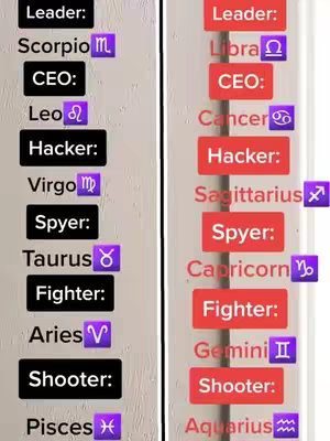 The cover image is split into two columns. Each column lists different astrological signs paired with a role (Leader, CEO, Hacker, etc.). The left column uses black text on white with purple symbols. The right column uses white text on red with purple symbols.