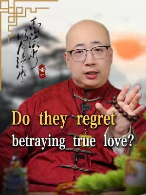 The cover image features a man in a red jacket holding prayer beads. Text overlays ask a question about regret, and a background with Chinese calligraphy-like elements is partially visible.