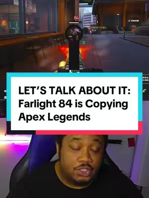 The cover image is a vertical shot featuring a split-screen effect. The top half shows gameplay footage of a first-person shooter game, displaying the crosshairs of a gun on the screen. Below it is a color-blocked rectangle in a teal and red color scheme, containing white text that reads, "LET'S TALK ABOUT IT: Farlight 84 is Copying Apex Legends" . Beneath the color block is a shot of a person in front of a desktop setup.