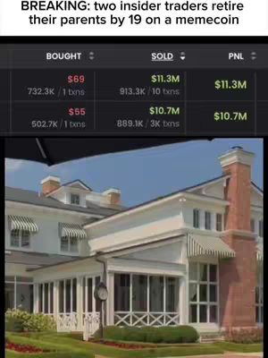 The image features financial data, including a table showing 'BOUGHT' and 'SOLD' amounts, next to text that discusses insider trading and meme coins. The background is a high-end house, suggesting wealth or success. The composition uses text and a house image to illustrate the concept.